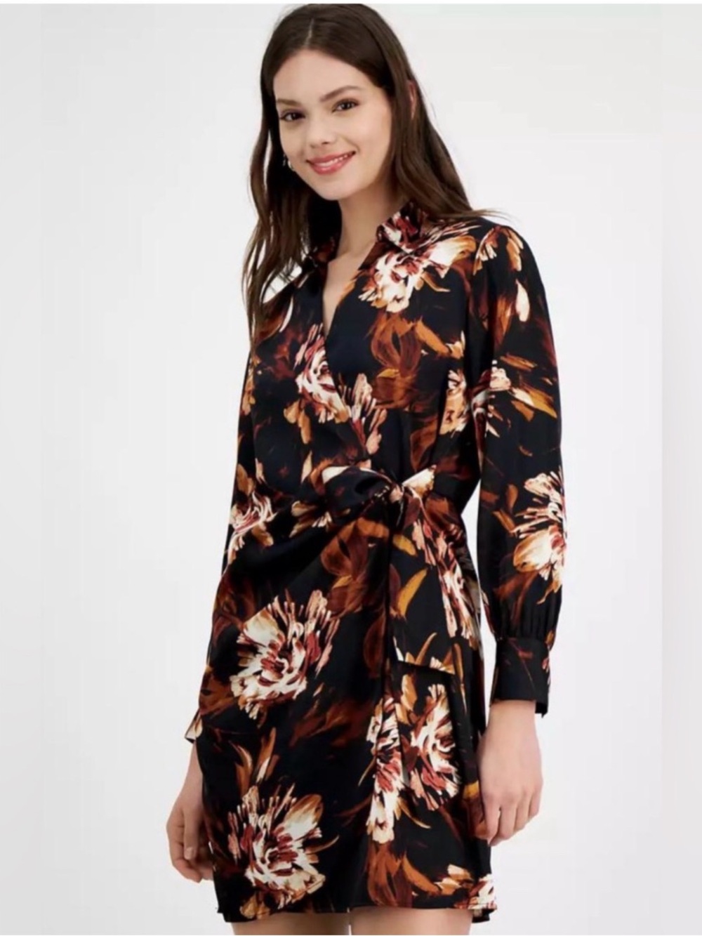 Bar III Black Floral Tie-Waist Mini Dress